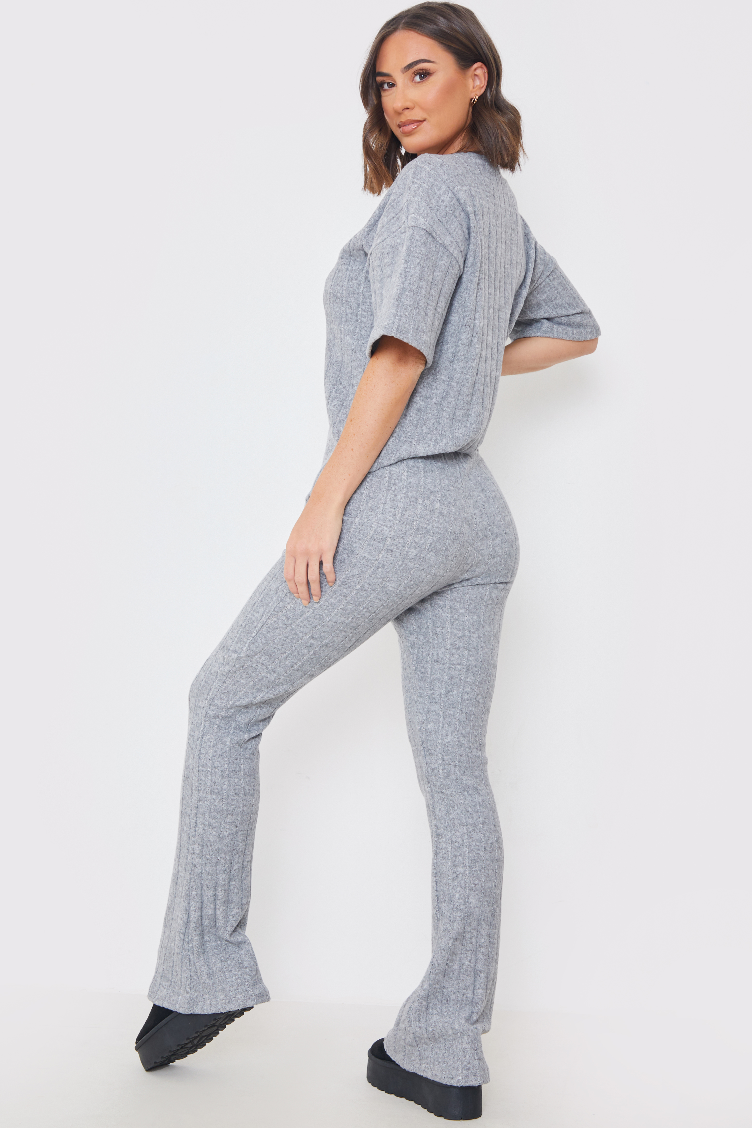 Grey ribbed 2025 wide leg trousers