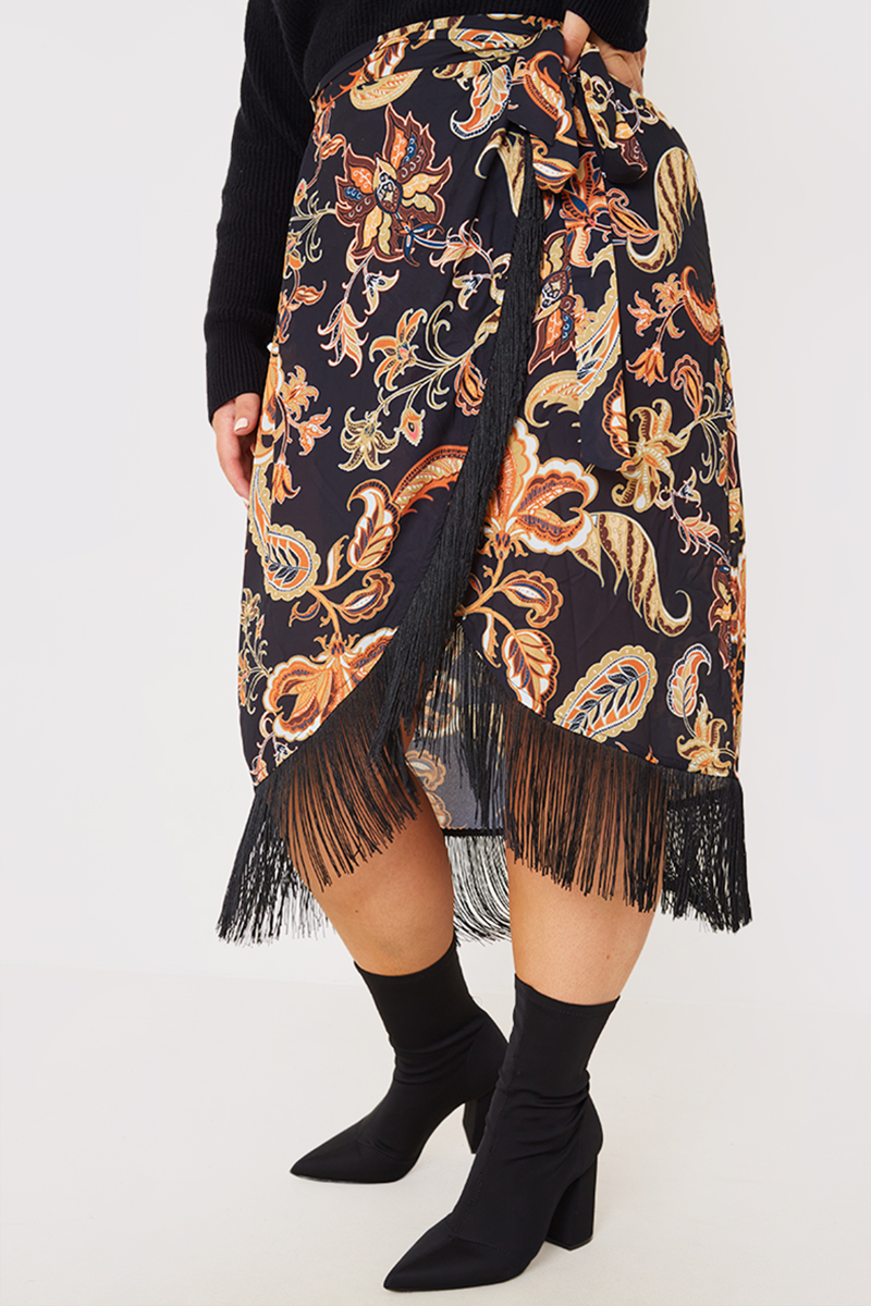 Paisley Print Wrap Midi Skirt