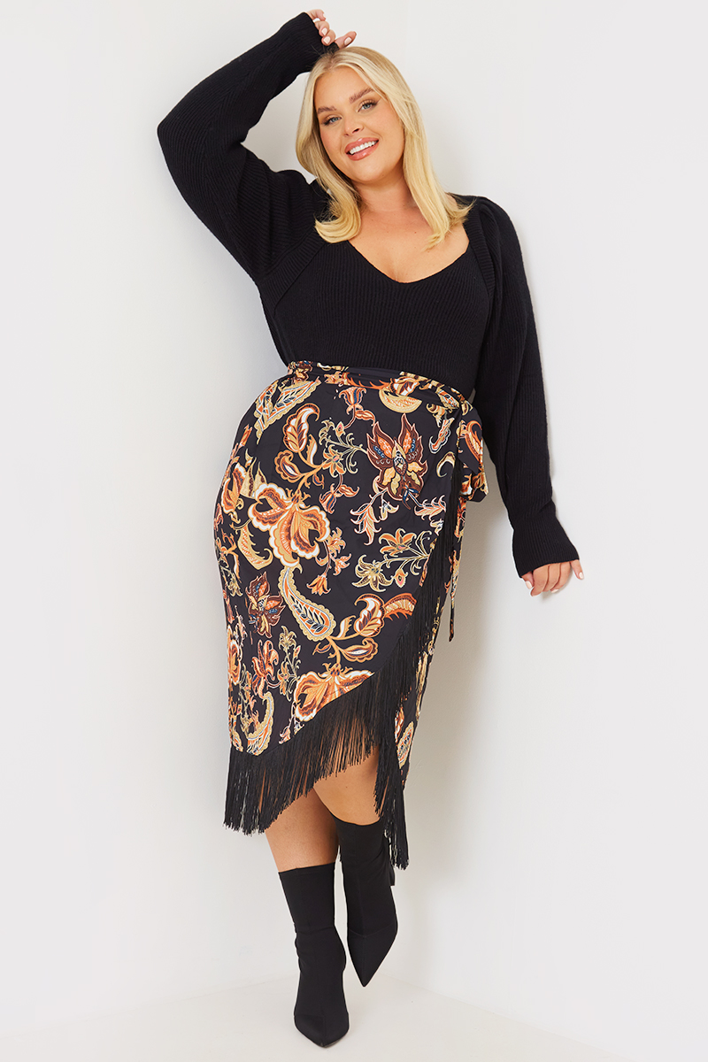 Paisley Print Wrap Midi Skirt