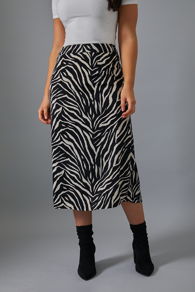 Zebra Print Satin Midi Skirt