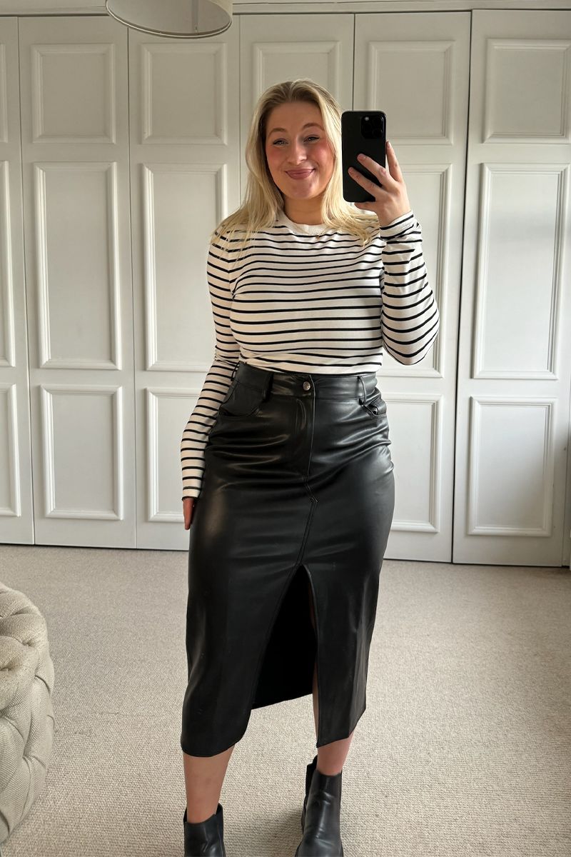 Leather Look Split Front Midi Skirt