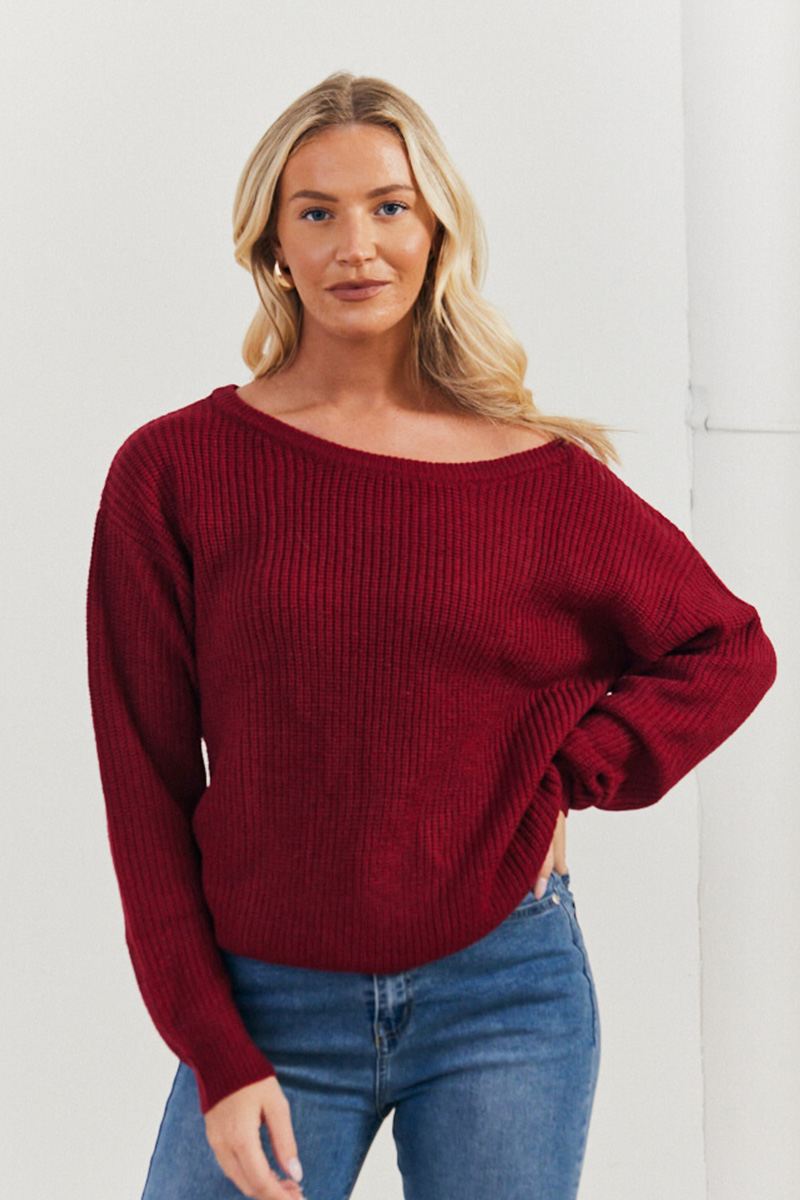 Burgundy off shoulder knit jumper