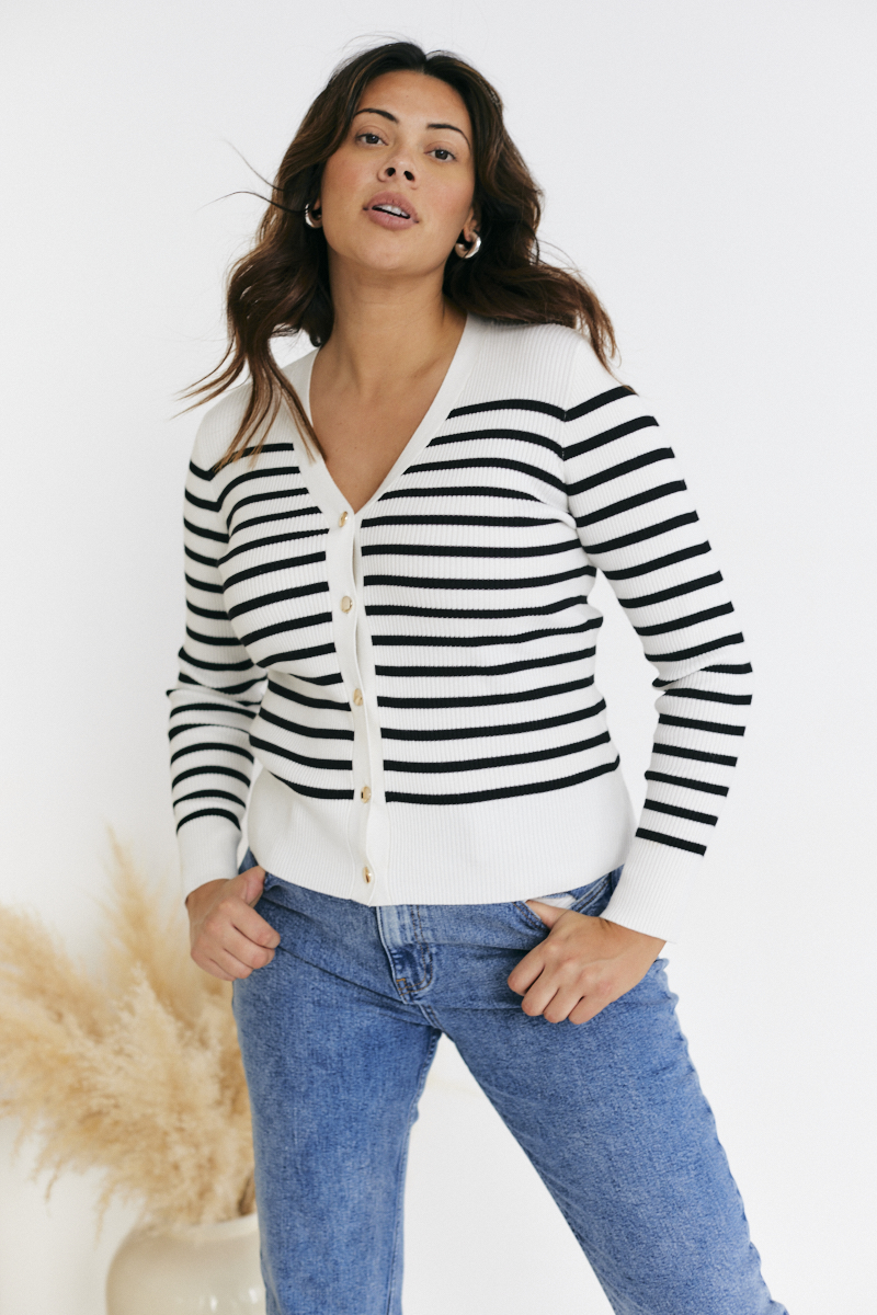 Rib Knit Button Up Stripe Cardigan