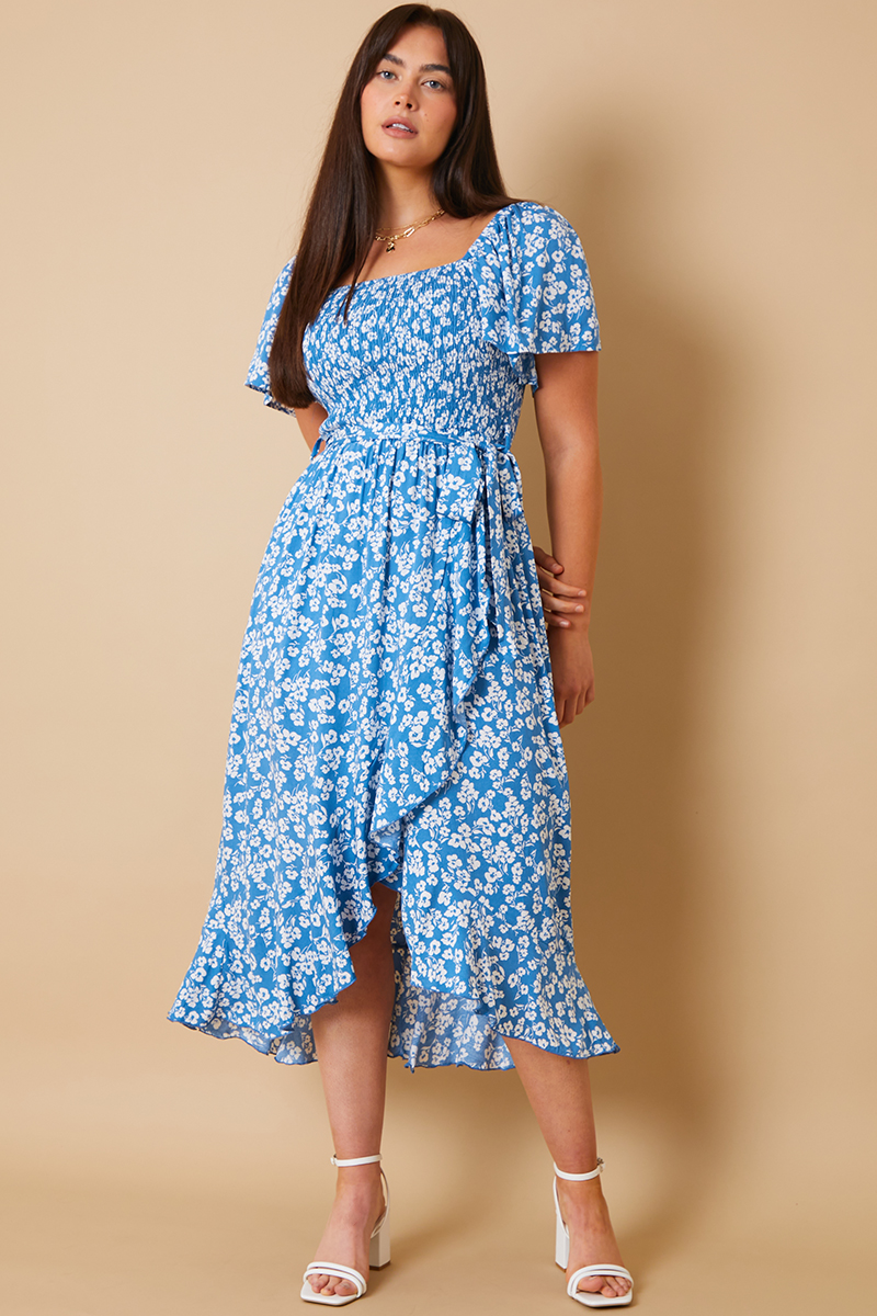 Floral Shirred Wrap Midi Dress