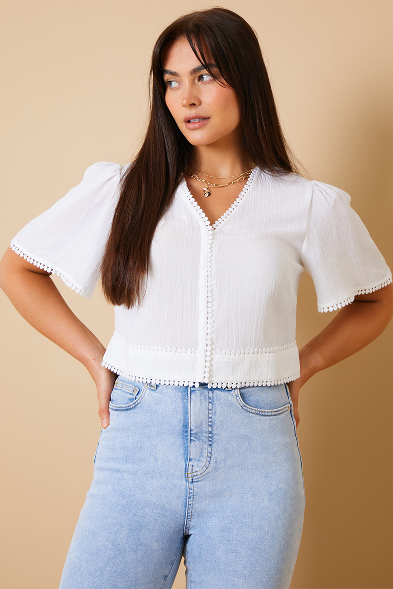 Linen Look Trim Detail Tie Front Top