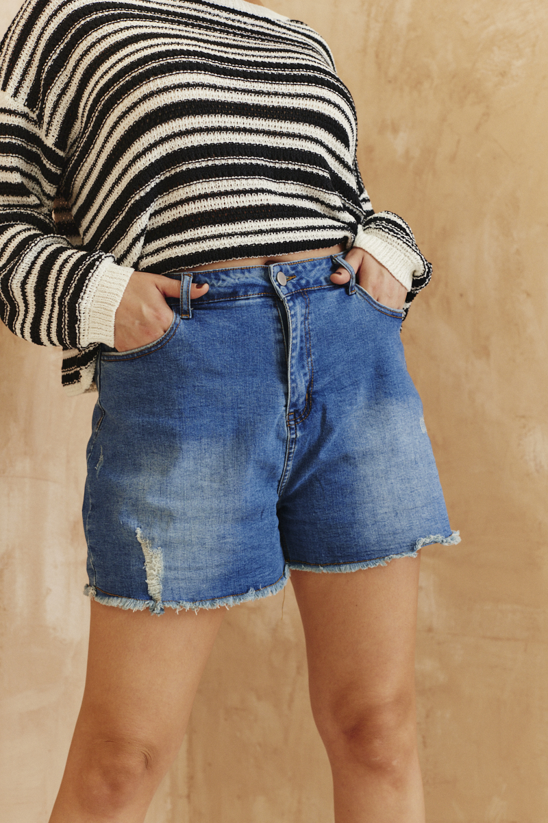 Distressed denim bermuda shorts online