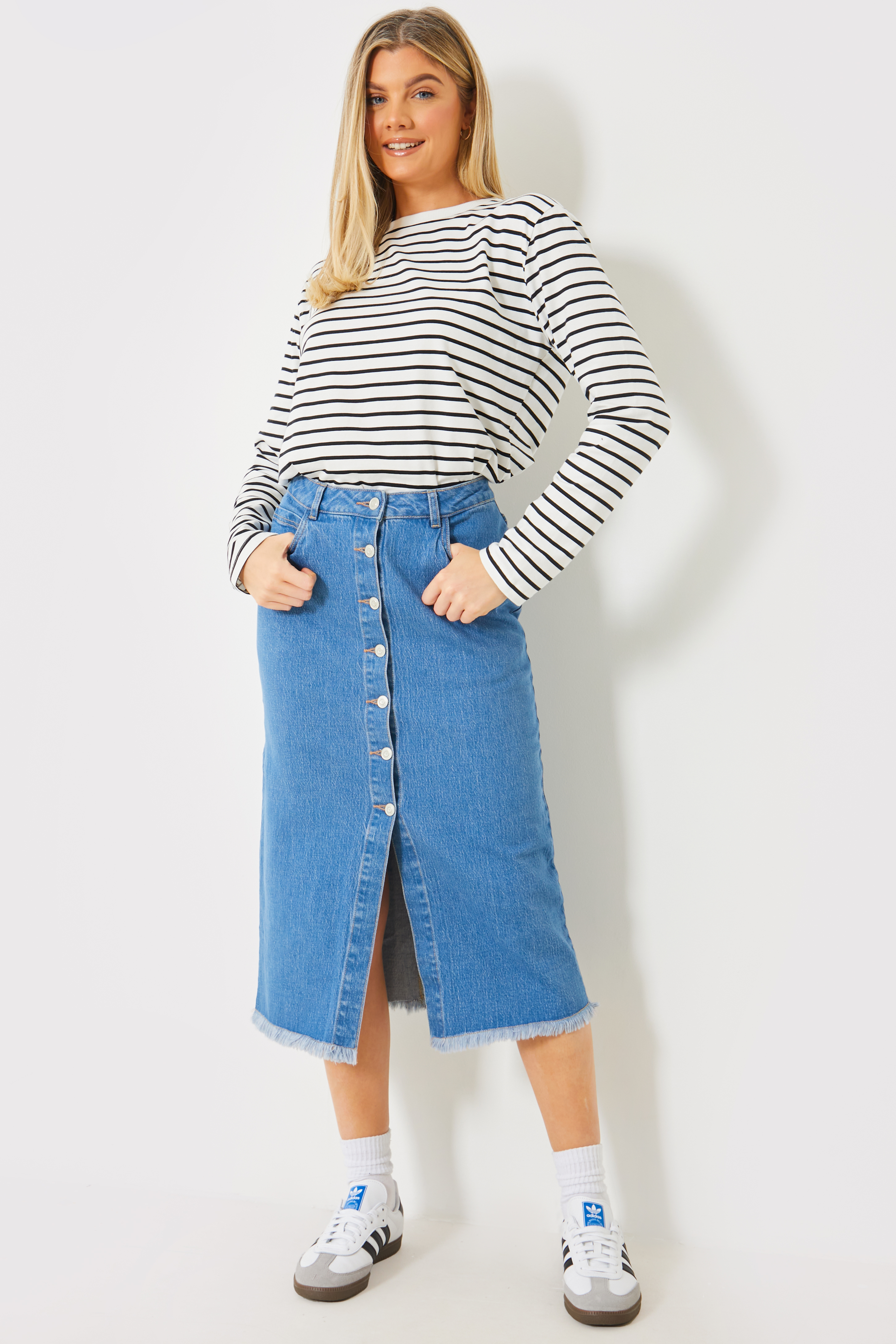 Button Front Raw Hem Denim Midi Skirt