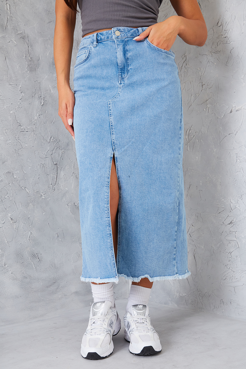 Foldover Waist Asymmetrical Denim Skirt in Suzy Mid Wash