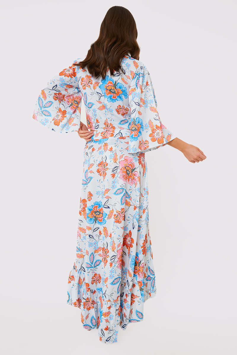 Floral frill detail outlet wrap maxi dress