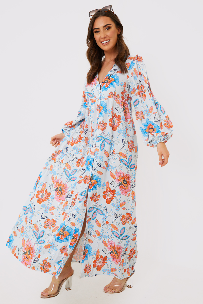 Multi Floral Button Through Puff Sleeve Cover Up