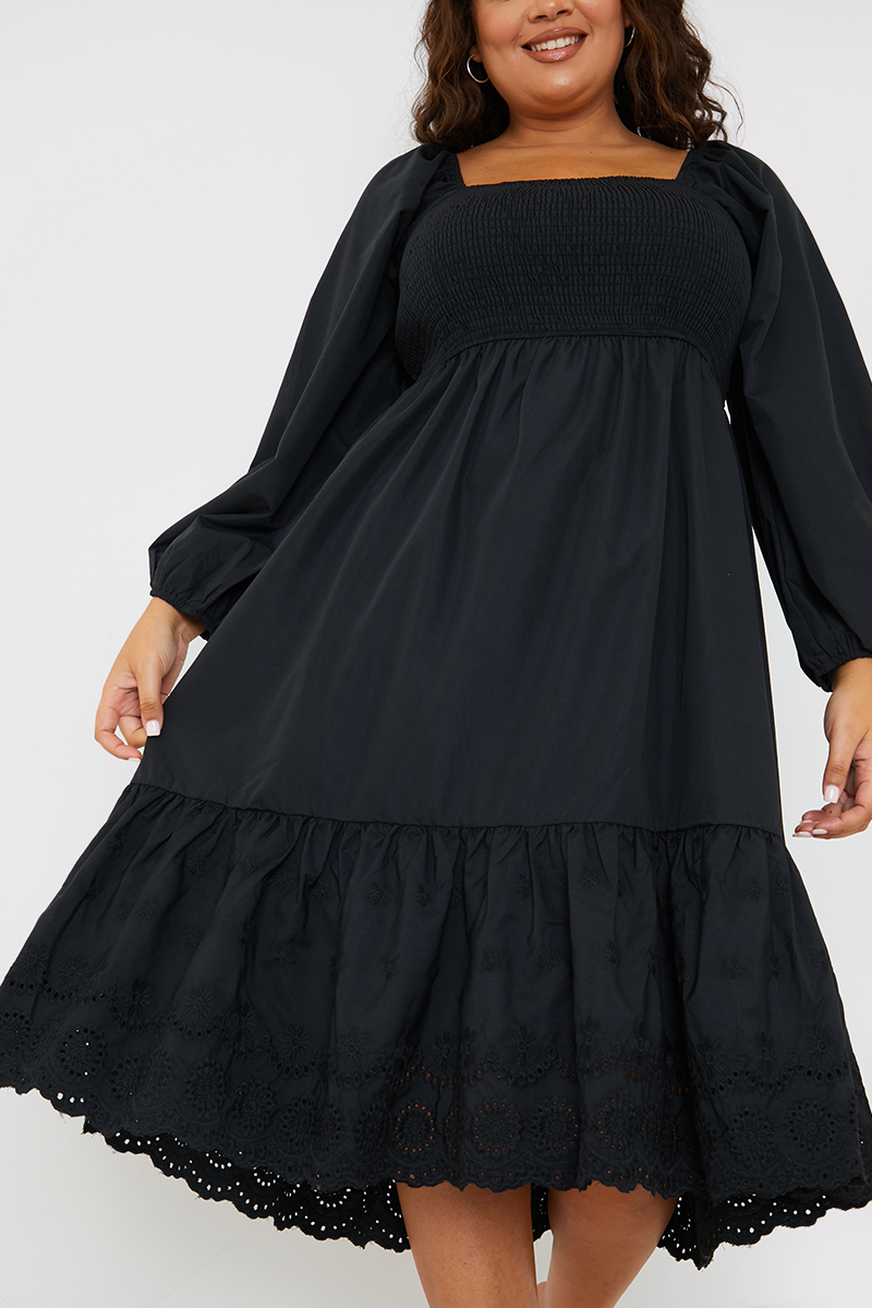 Shirred Puff Sleeve Frill Hem Midi Dress