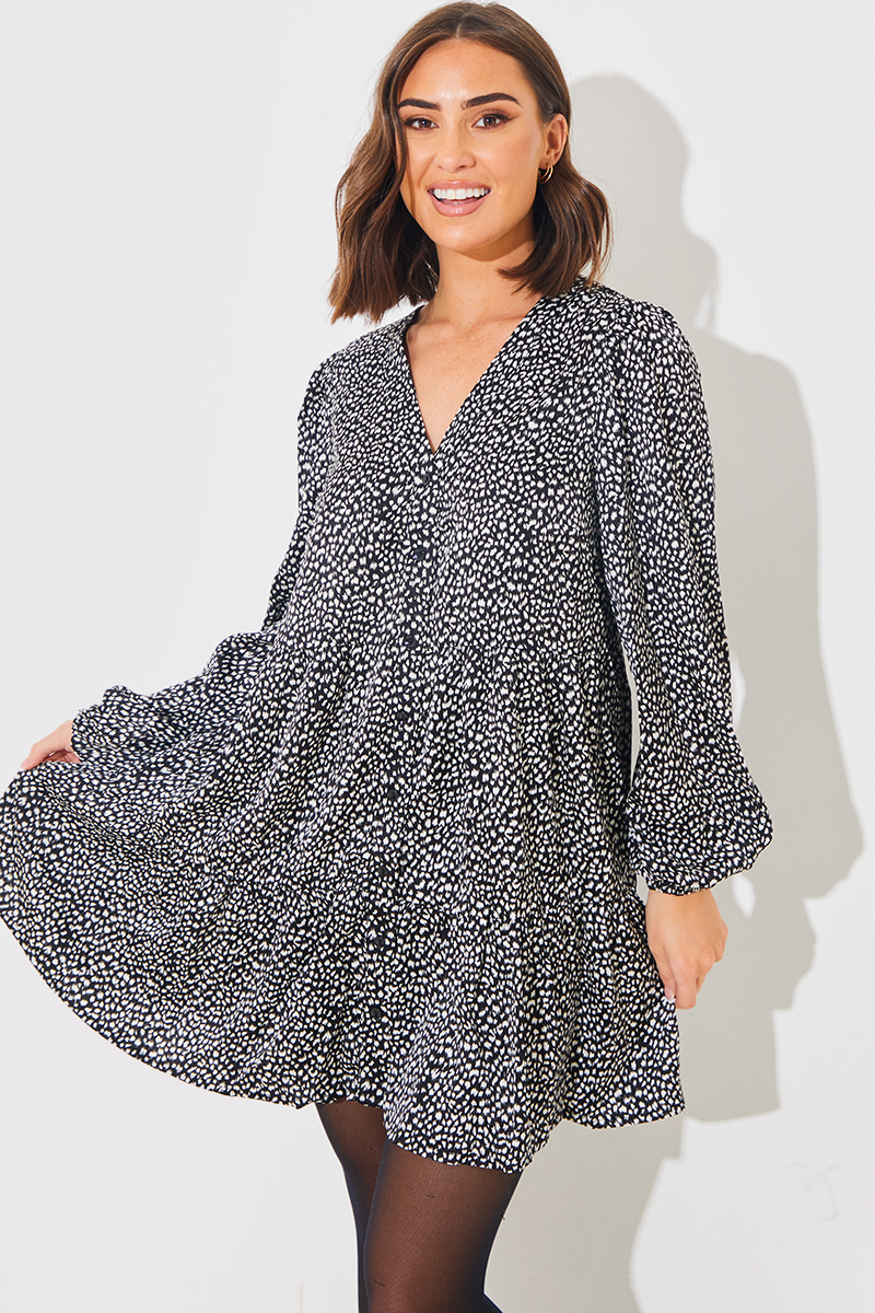 Animal Print Button Through Tiered Smock Dress