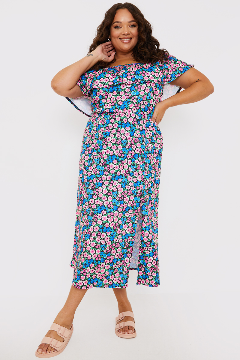 Floral Print Bardot Midi Dress-In The Style