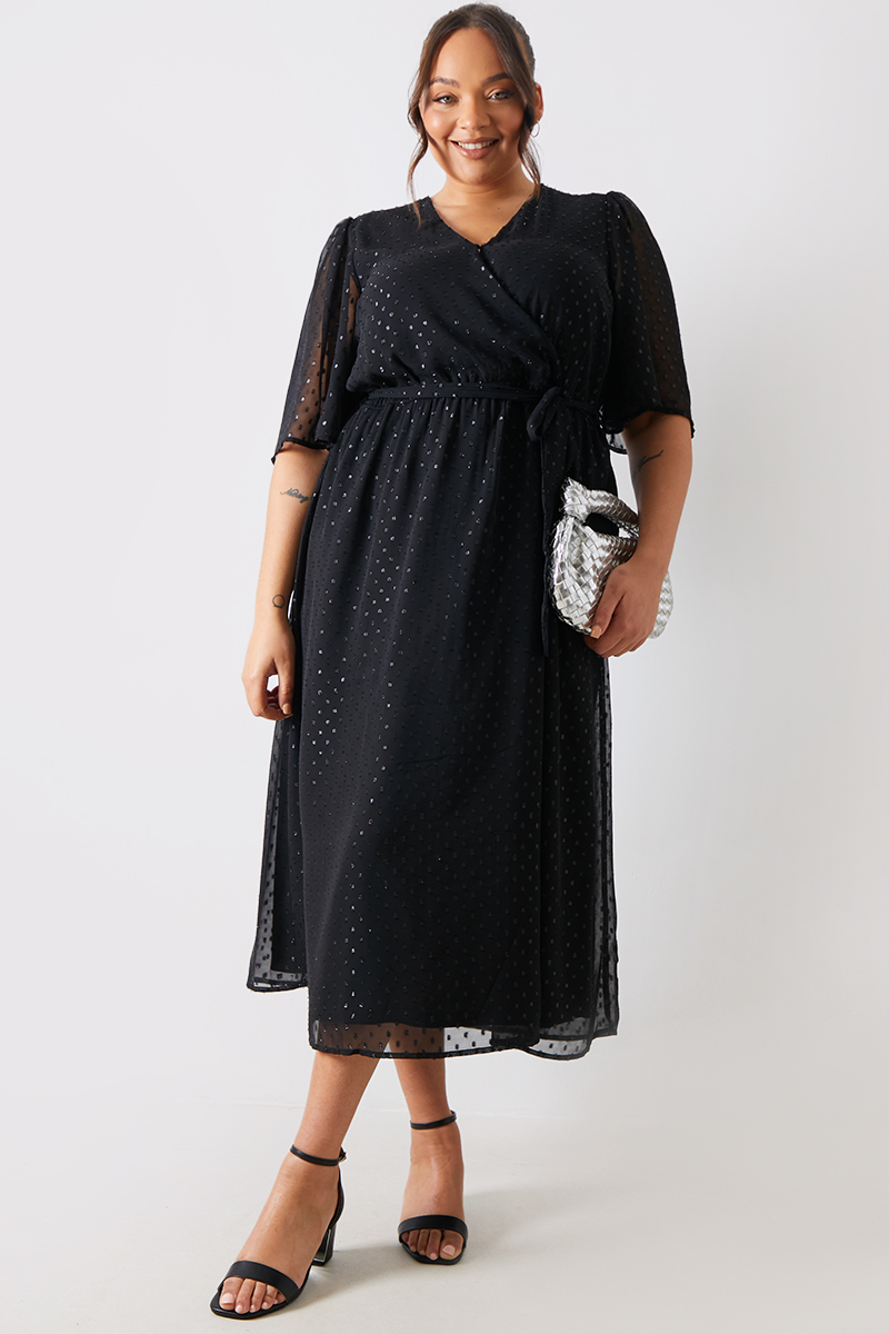 Metallic Dobby Wrap Midaxi Dress With Flutter Sleeves