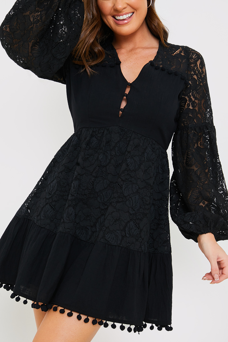 Long bell outlet sleeve black dress