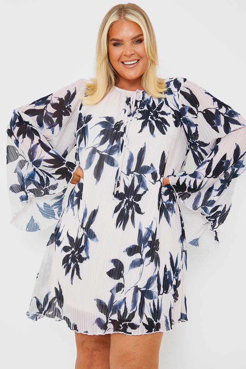 Floral Print Plisse Tie Detail Swing Dress