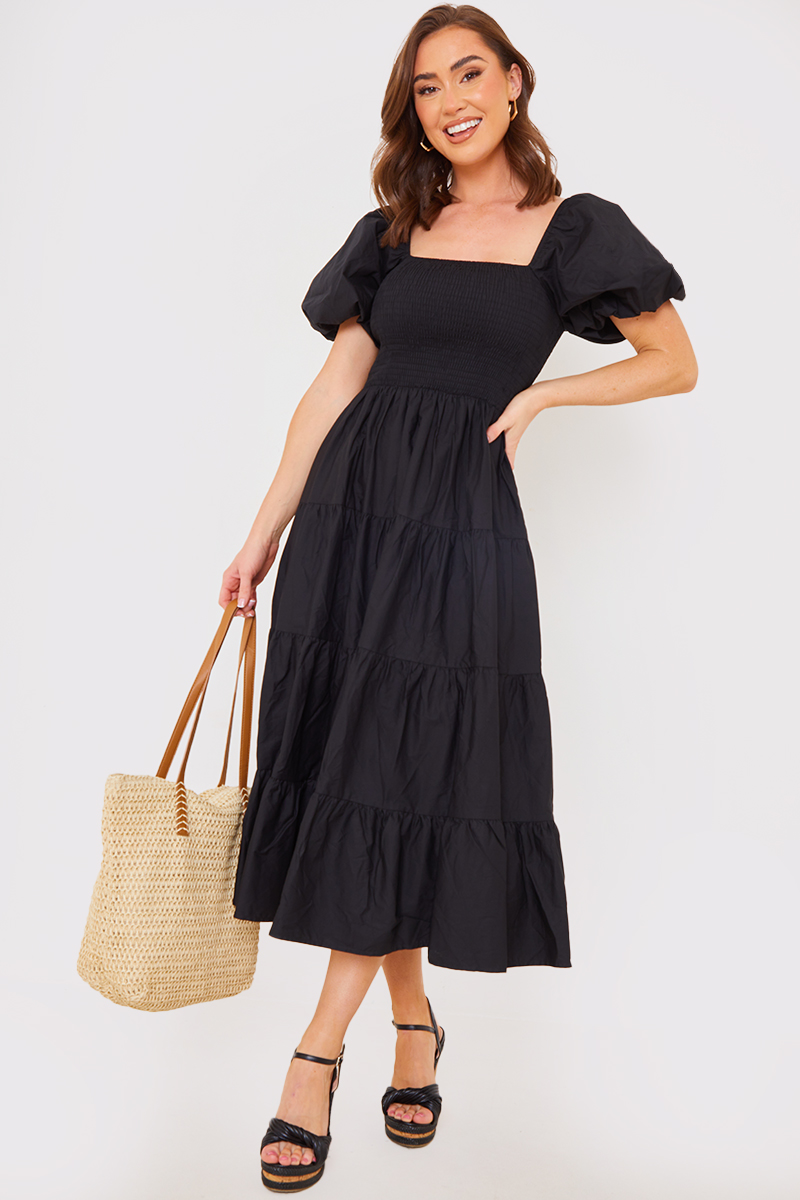 Cotton Poplin Shirred Bust Midi Dress