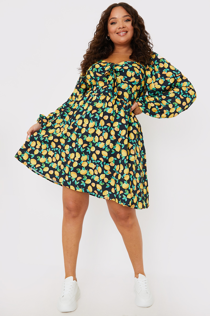 Lemon Print Tie Detail Long Sleeve Mini Dress