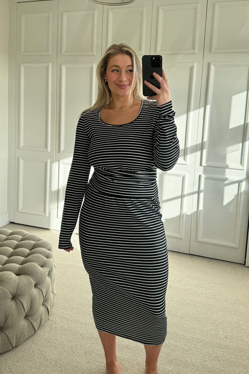 Stripe Ribbed Long Sleeve Bodycon Dress With Tie Waist Detail