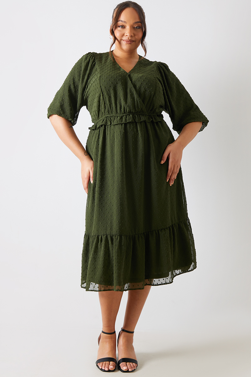 Dobby Chiffon Frill Detail Midi Dress