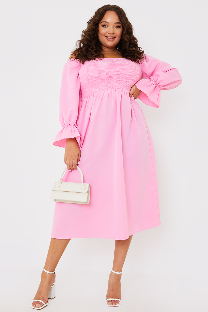 Shirred bardot 2025 midi dress