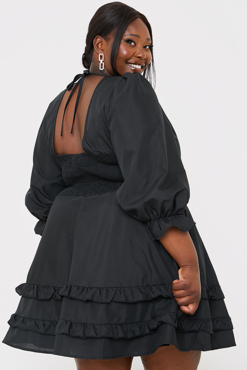 Aerie Women's Black Balloon Sleeve Smocked Waist Ruffle Mini Dress