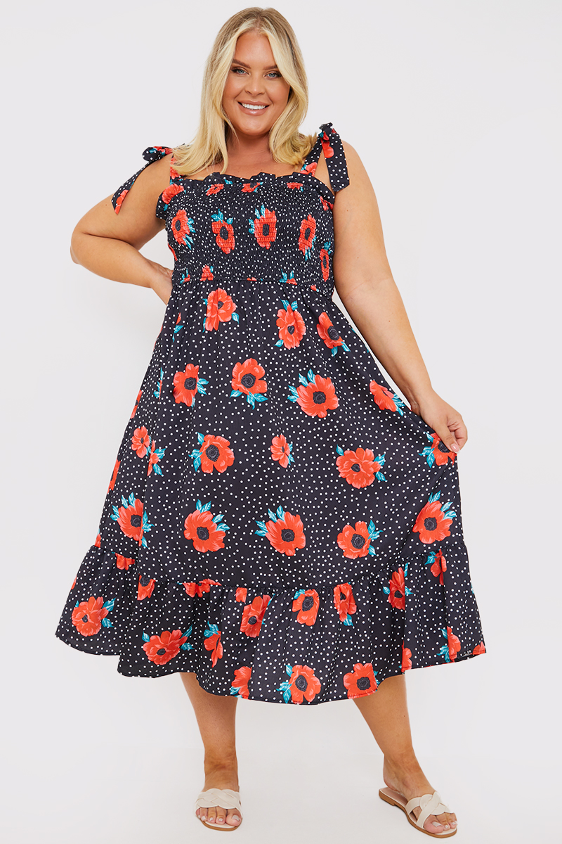 Printed Shirred Tie Shoulder Midi Dress