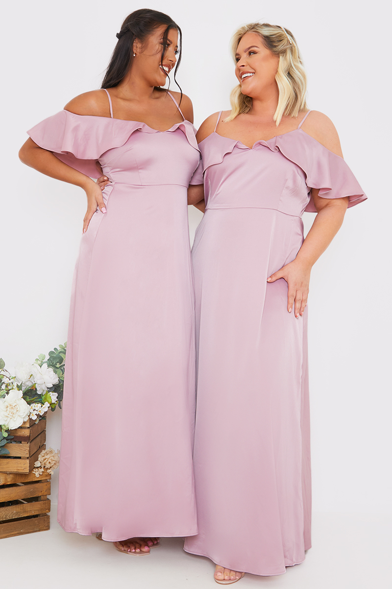 Satin Frill Off The Shoulder Maxi Dress