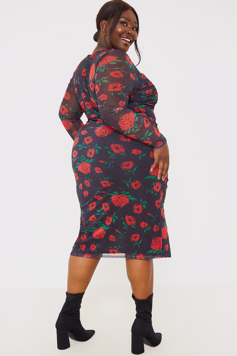 Red Floral Print Mesh Dress with Ruched Detailing