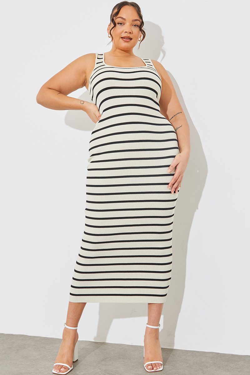 Rib Knit Stripe Scoop Neck Maxi Dress