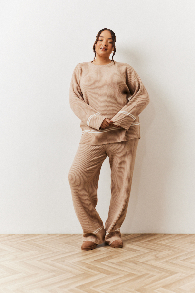 Oatmeal Contrast Piping Co-ord Knitted Wide Leg Trouser 