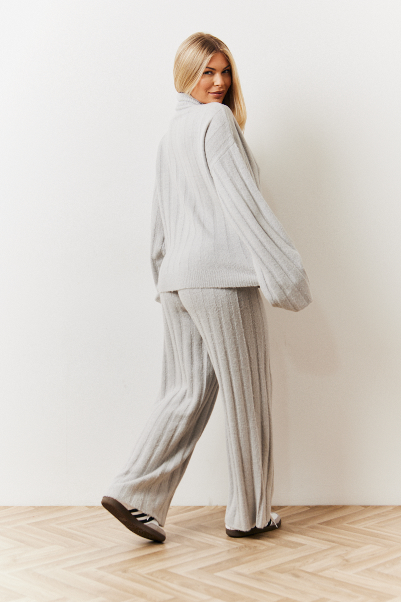 Grey Ribbed Co-ord Wide Leg Knitted Trouser- Dispatch Tomorrow 