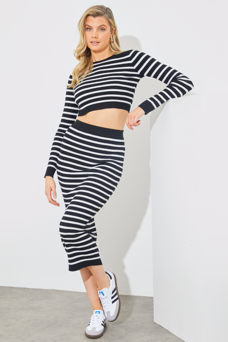 Rib Knit Stripe Crew Neck Co-Ord Top