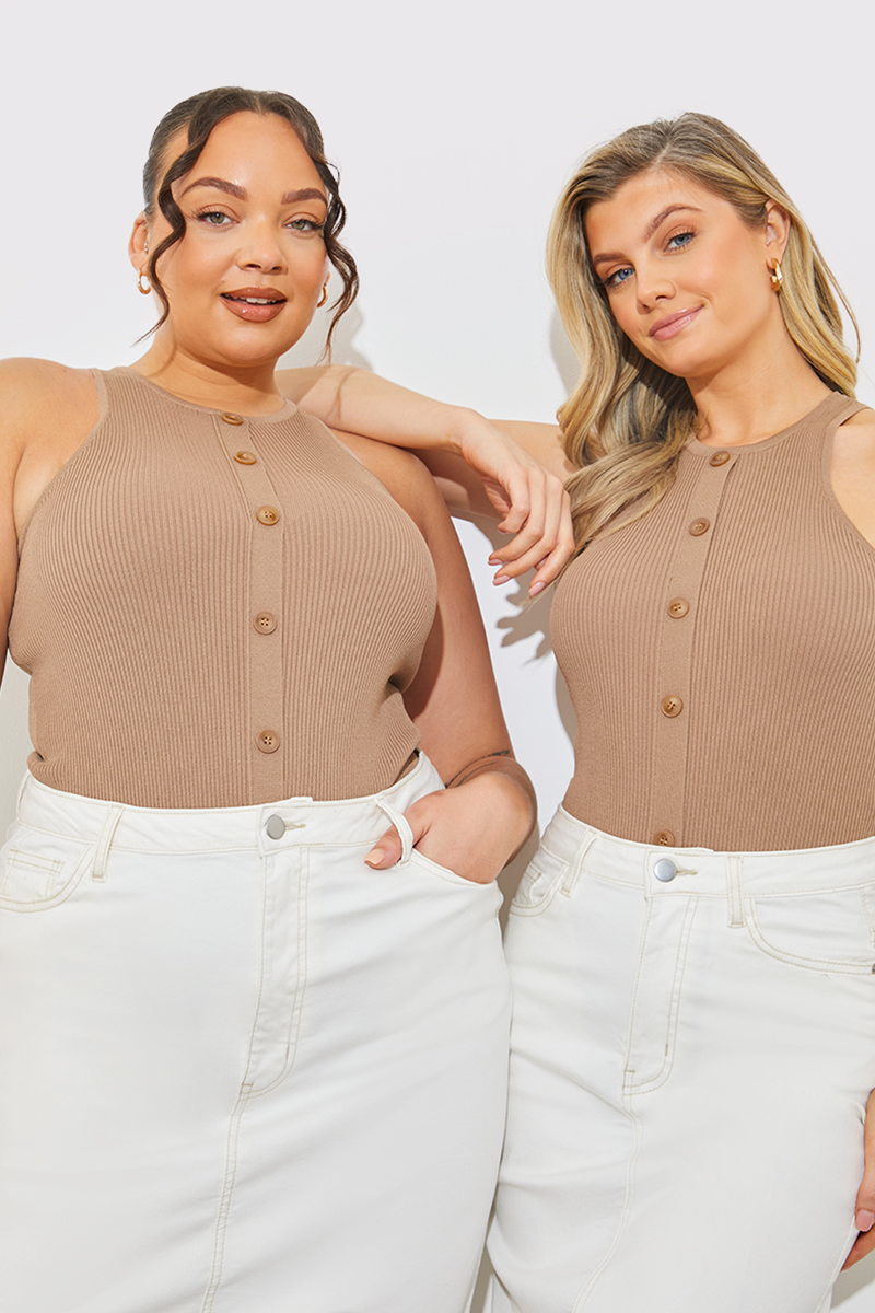 Rib Knit Button Detail Racer Neck Bodysuit