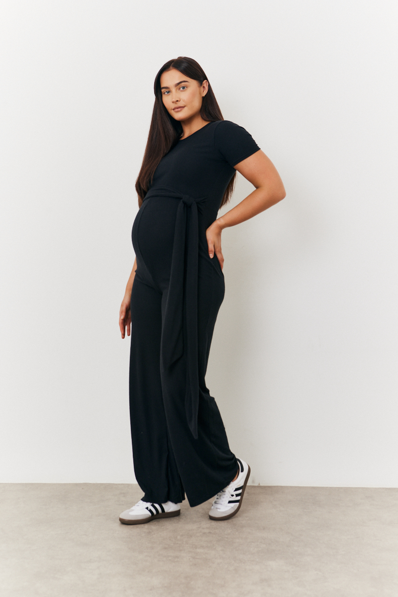 Maternity Ribbed Tie Belt Jumpsuit