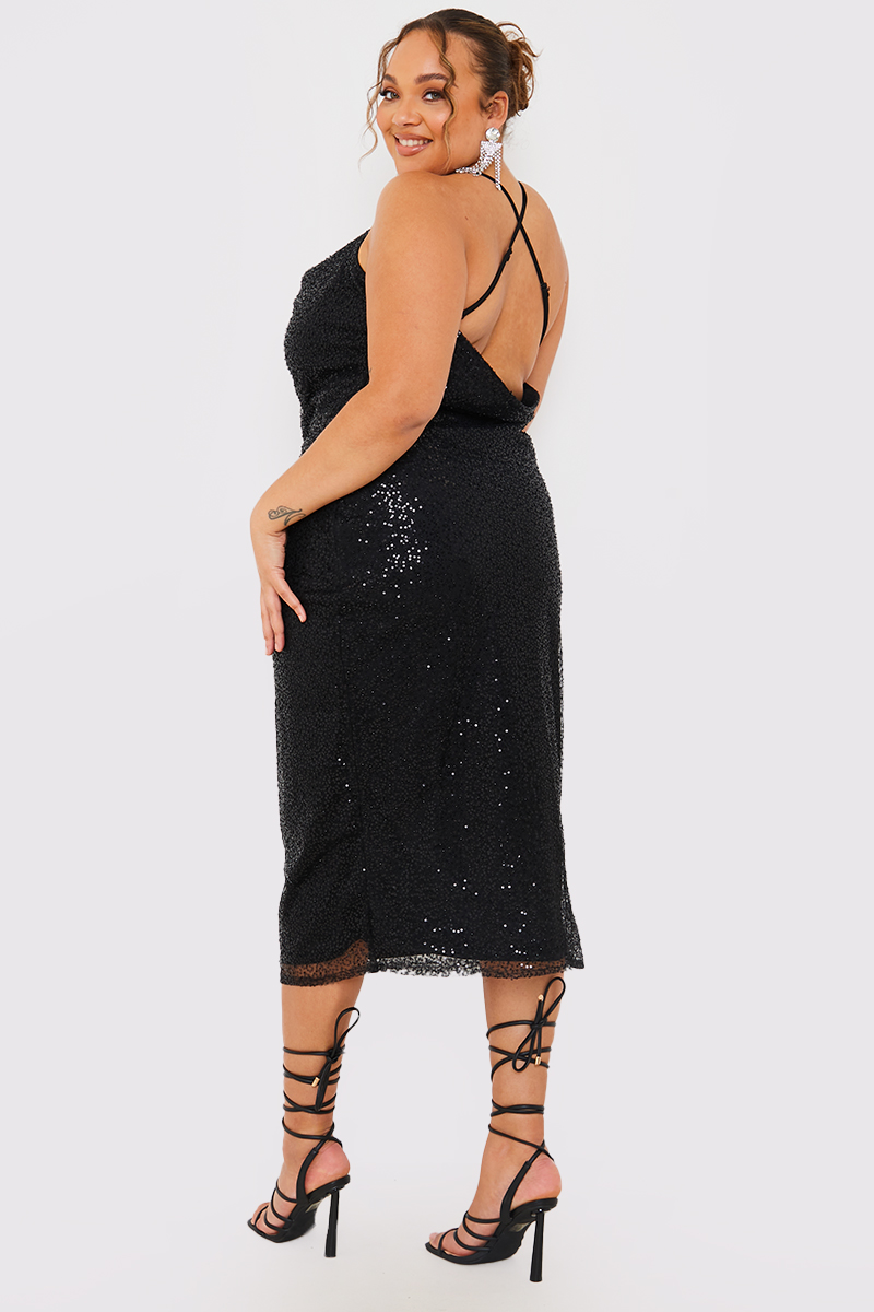 Short sleeve sequin beaded hot sale gown with cowl back