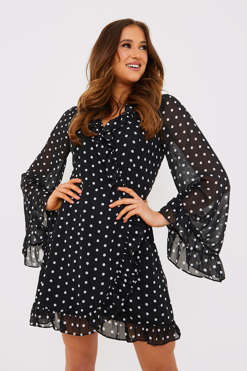 🖤SOLD OUT 🖤 Women's polka flared dress has frill neck and three-quarter  sleeves with frills details .lining attached with back…