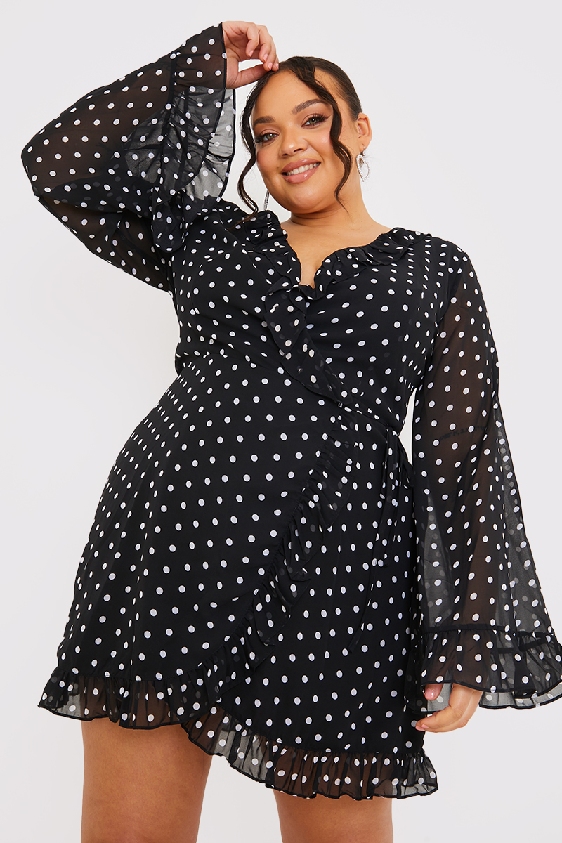 Polka Dot Chiffon Frill Front Flare Sleeve Wrap Mini Dress