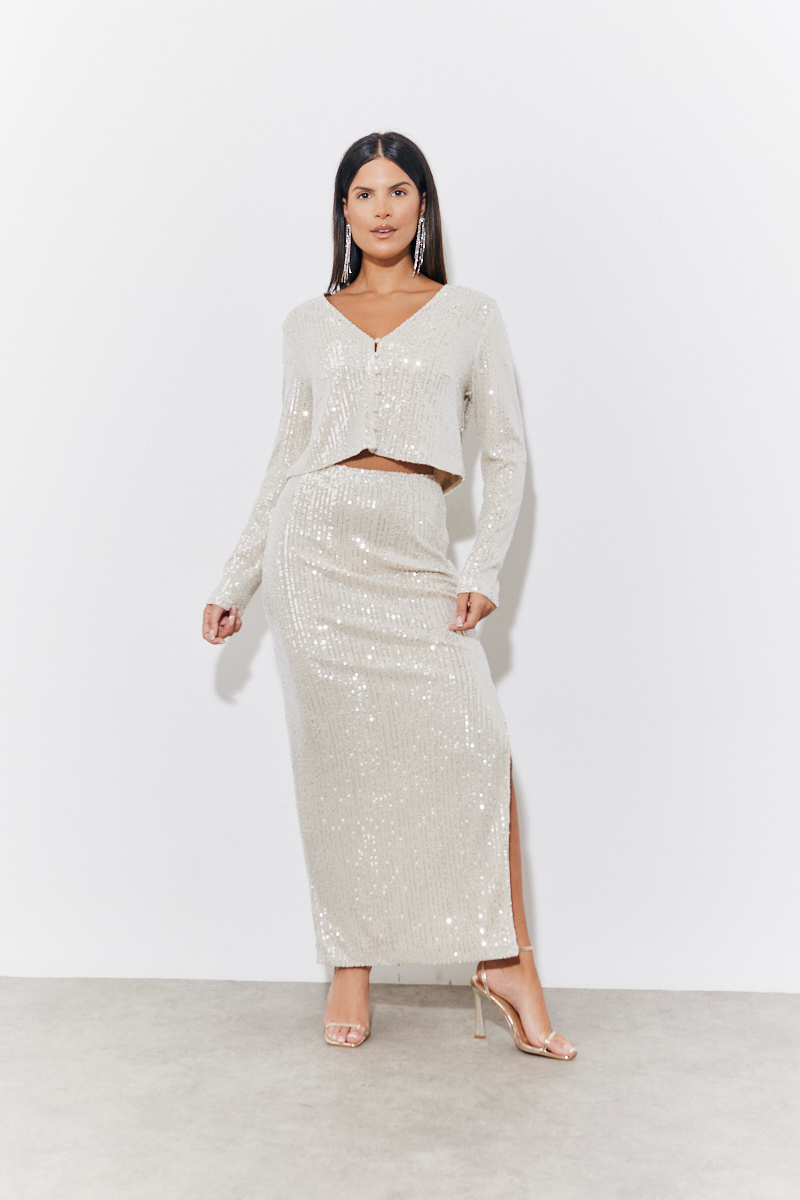 Sequin Slit Midi Skirt