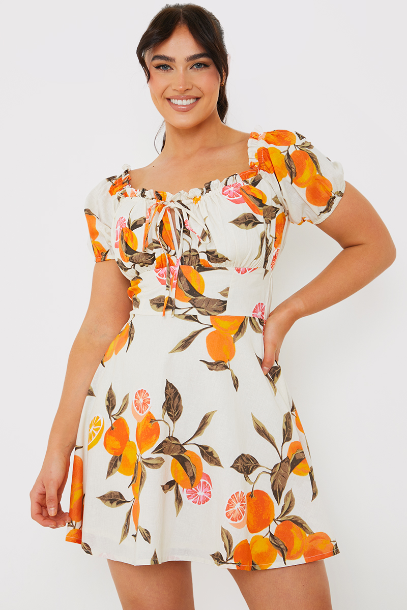 Orange Print Milkmaid Puff Sleeve Skater Dress Stone Standard 12