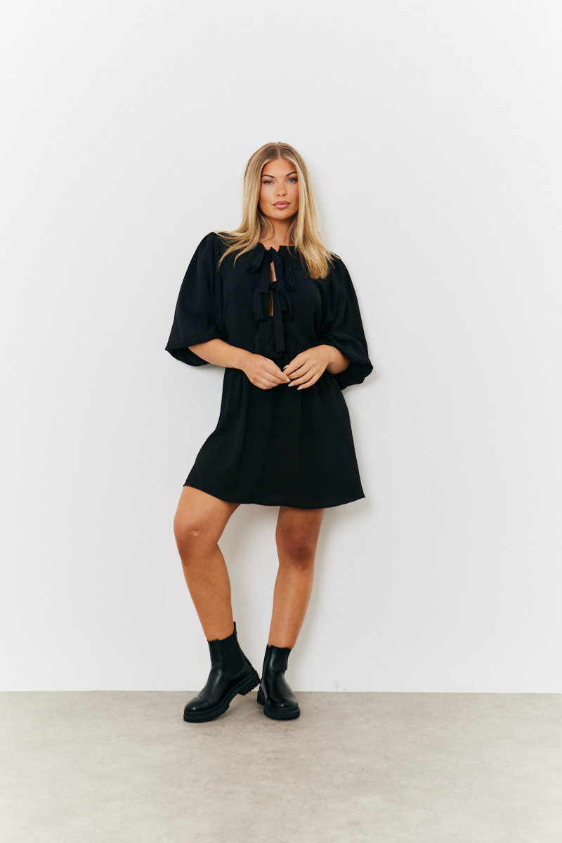 Puff Sleeve Bow Detail Mini Dress