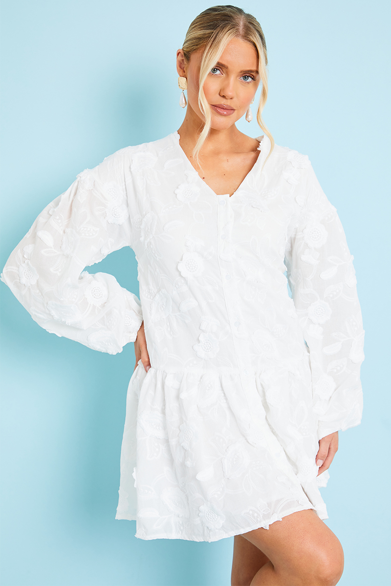 Floral Applique Drop Waist Mini Smock Dress