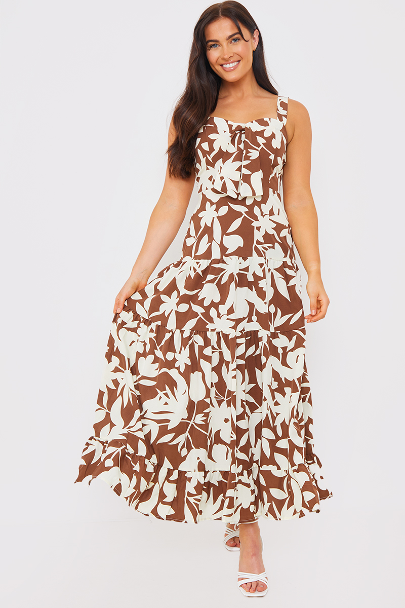 Printed Tie Bust Tiered Maxi Dress