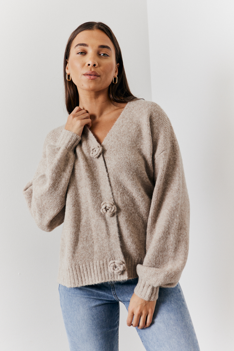Recycled 3D Rose Button Front Knit Cardigan