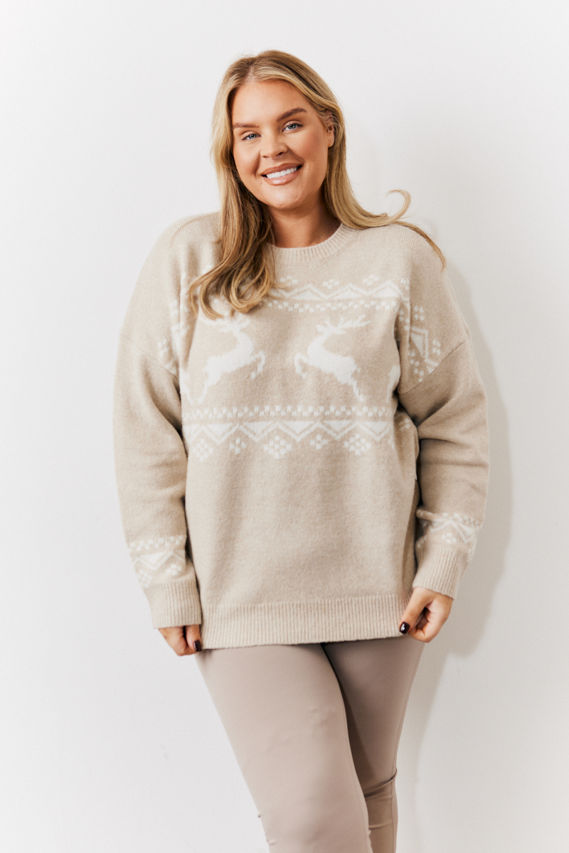 Beige Womens Reindeer Fairisle Knitted Jumper