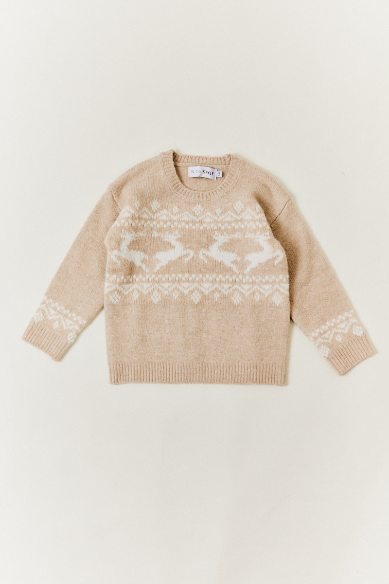 Beige Childrens Reindeer Fairisle Knitted Jumper