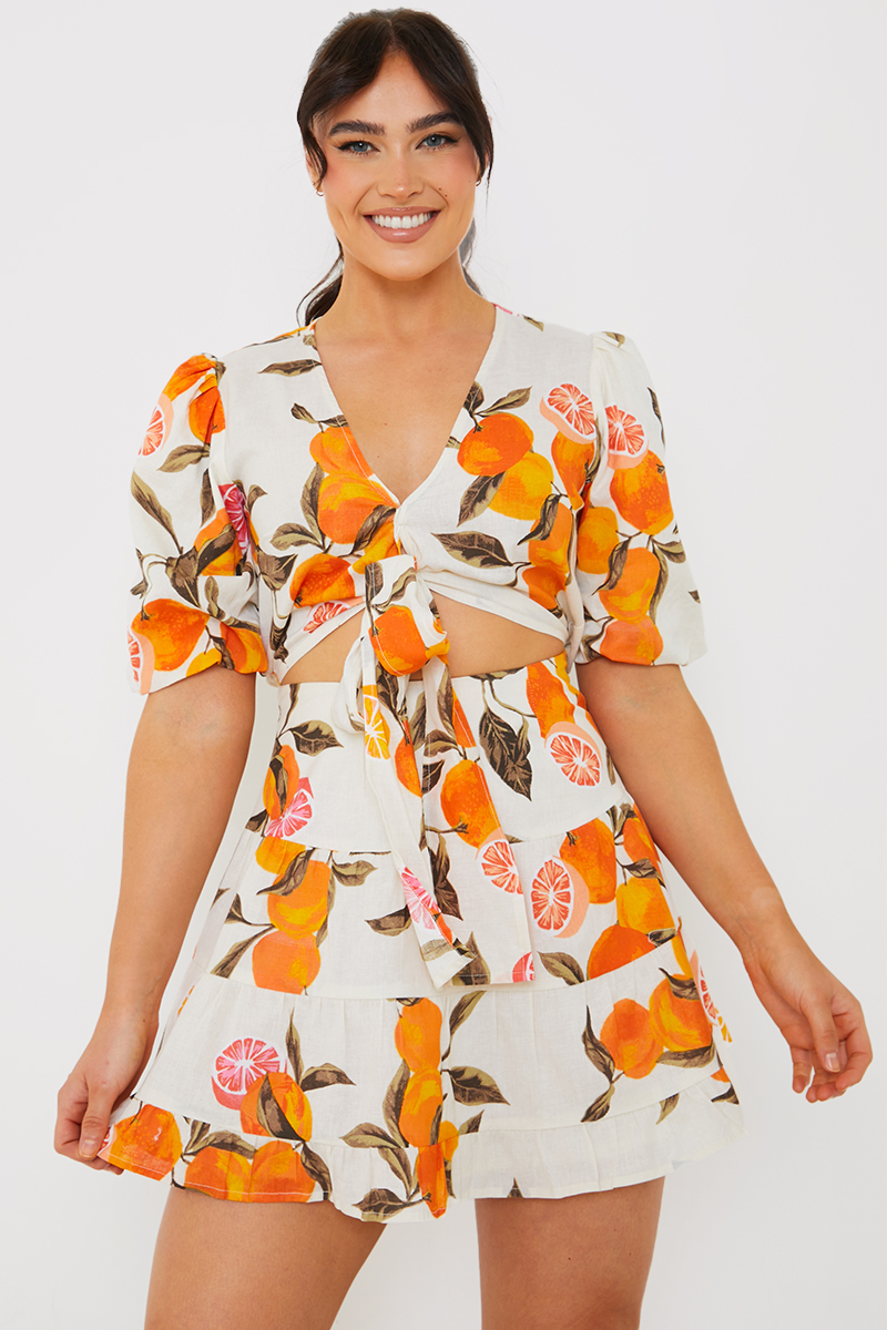 Fruit Printed Tie Front Crop Top