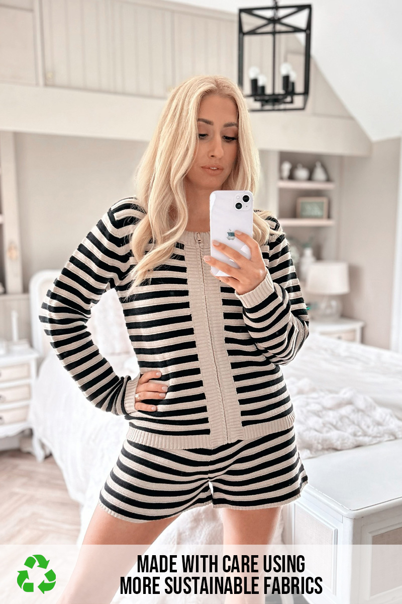 Knitted Striped Zip Up Front Co-Ord Cardigan