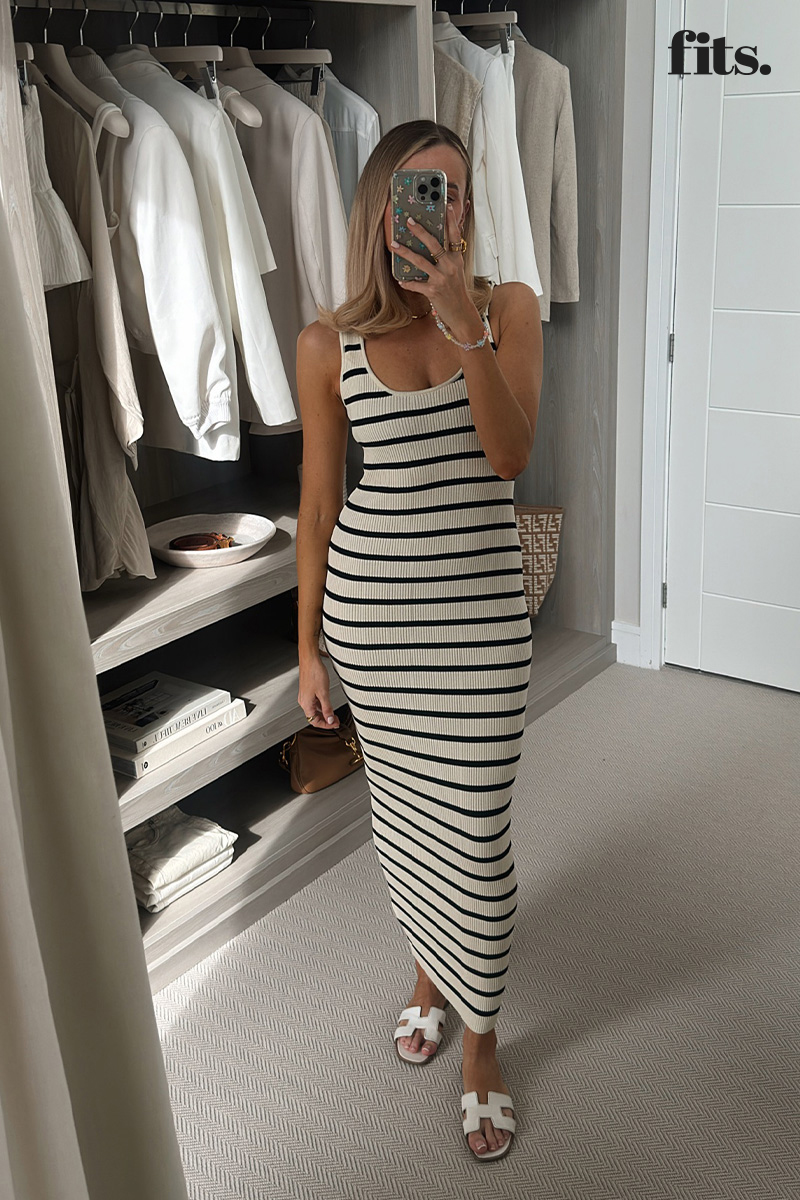 Rib Knit Stripe Scoop Neck Maxi Dress