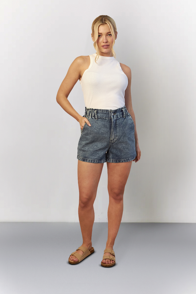 Mid Blue Denim Paper Bag Shorts 